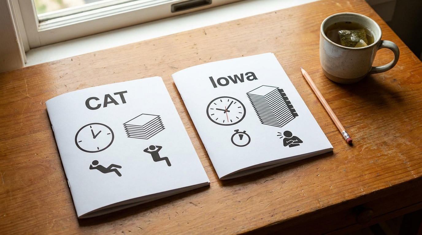 CAT and Iowa test booklets side by side on a homeschool desk
