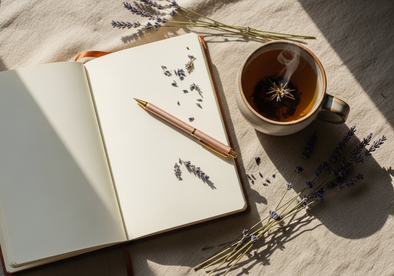 Open journal with a steaming cup of herbal tea and dried lavender on a linen surface