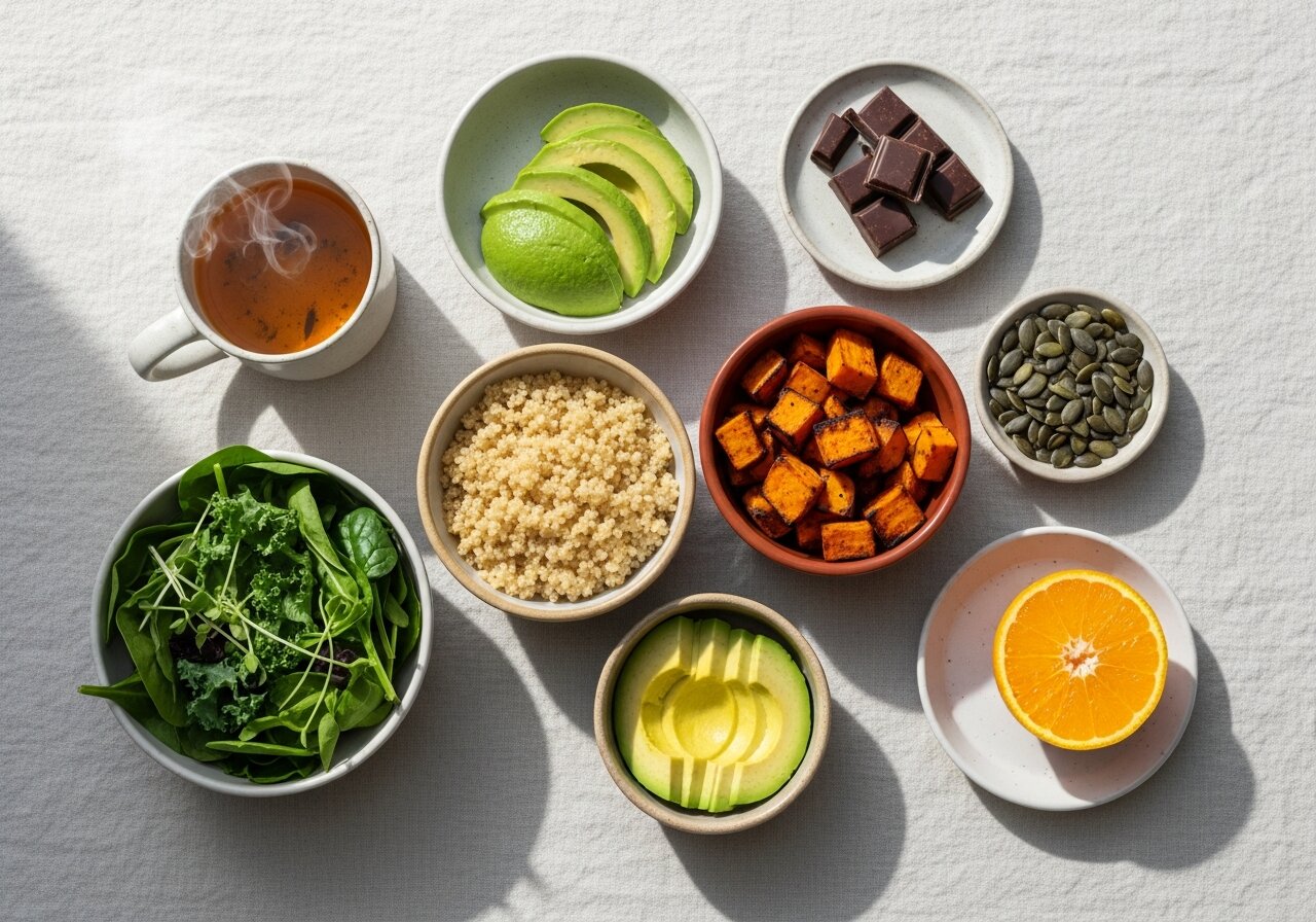 Flat lay of phase-friendly foods: quinoa, roasted sweet potato, leafy greens, avocado, pumpkin seeds, dark chocolate, orange, and herbal tea