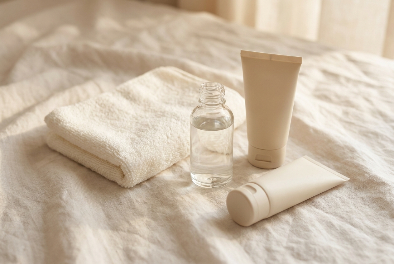 Soft, warm flat-lay of a folded white washcloth, micellar water, and a gentle cleanser on a linen vanity surface