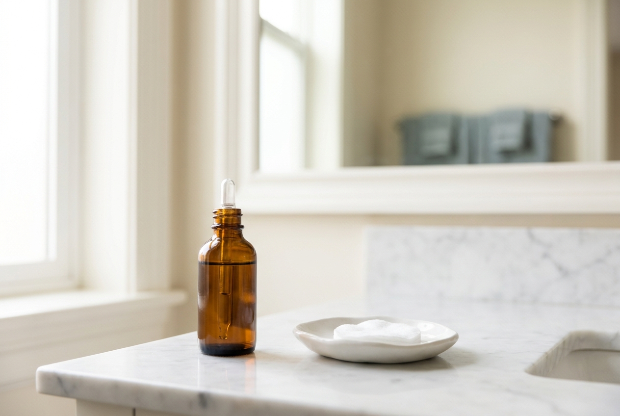 Amber dropper bottle and a small ceramic dish with a cotton round on a calm marble bathroom counter