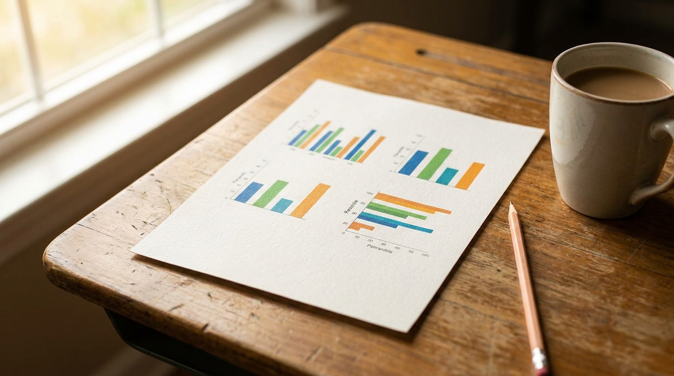 A standardized test score report with charts and percentiles on a desk
